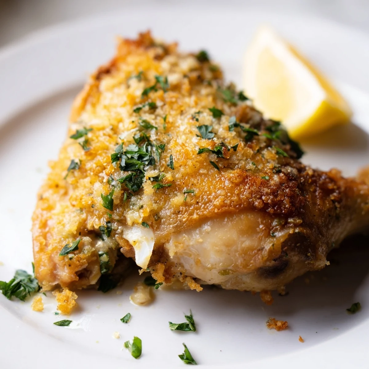 Perfectly cooked crispy garlic chicken thighs, showcasing the golden, bubbling garlic crust and delicious juices.