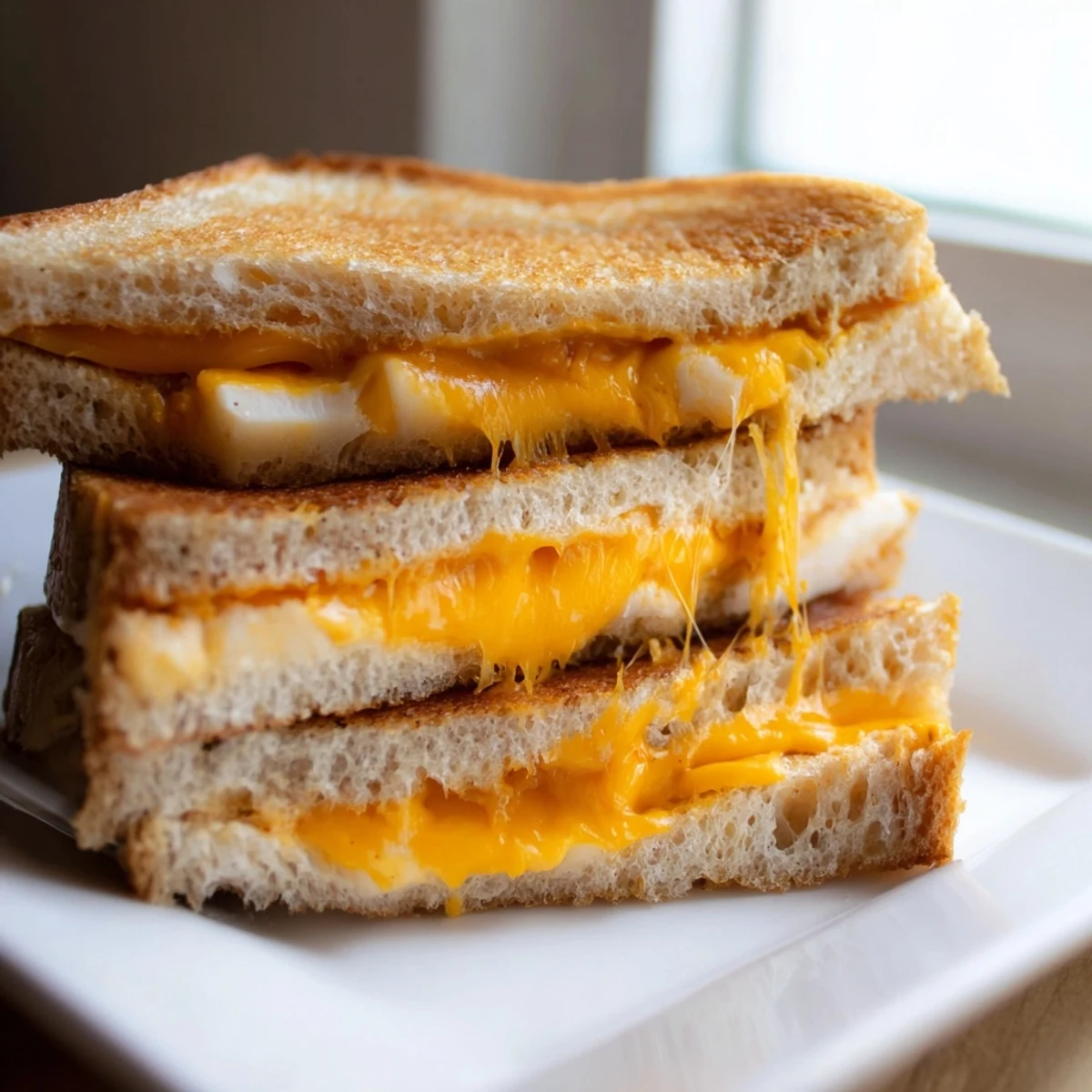 Golden-brown Spiked Grilled Cheese with sriracha mayo, oozing melted cheddar, perfect comfort food.