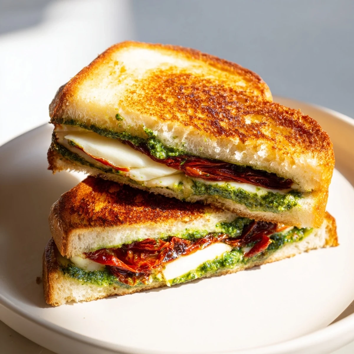 Golden-brown Pesto Grilled Cheese, oozing melted mozzarella and bursting with savory flavors, ready to enjoy.