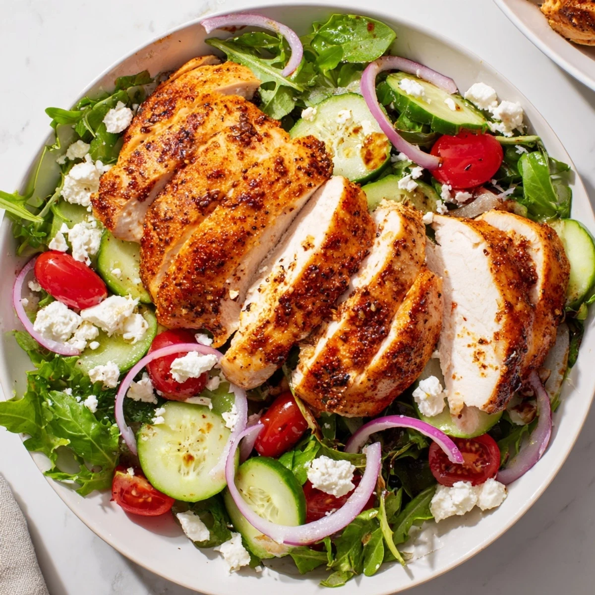 Quick Pan-Seared Chicken Salad with golden chicken slices over fresh greens, ready to eat.