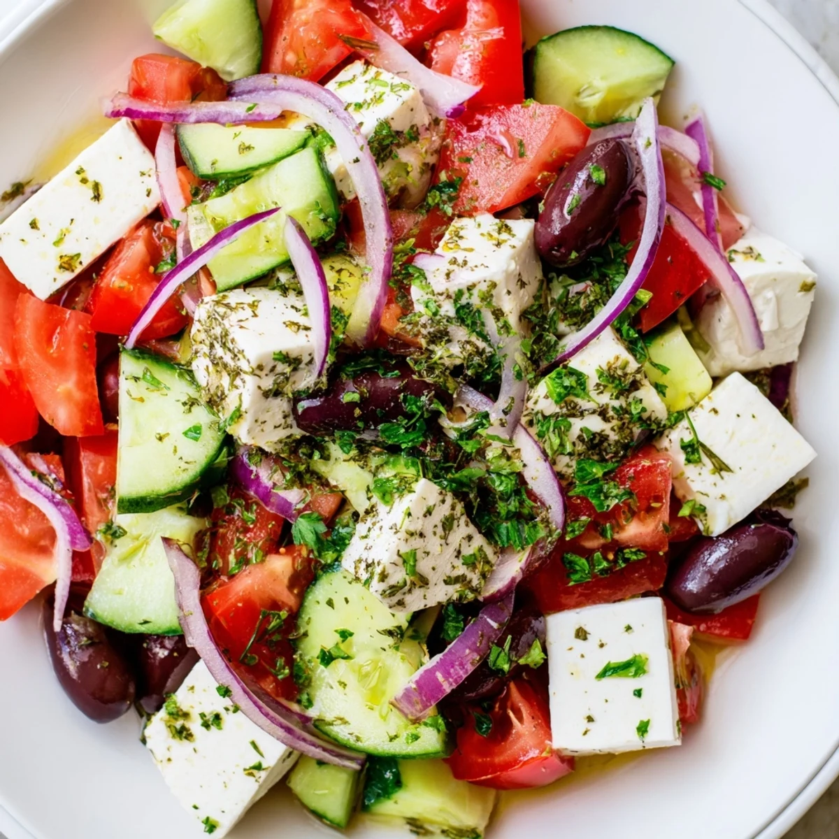 Mediterranean salad with bright red tomatoes, juicy cucumbers, and creamy feta cheese, ready to serve.