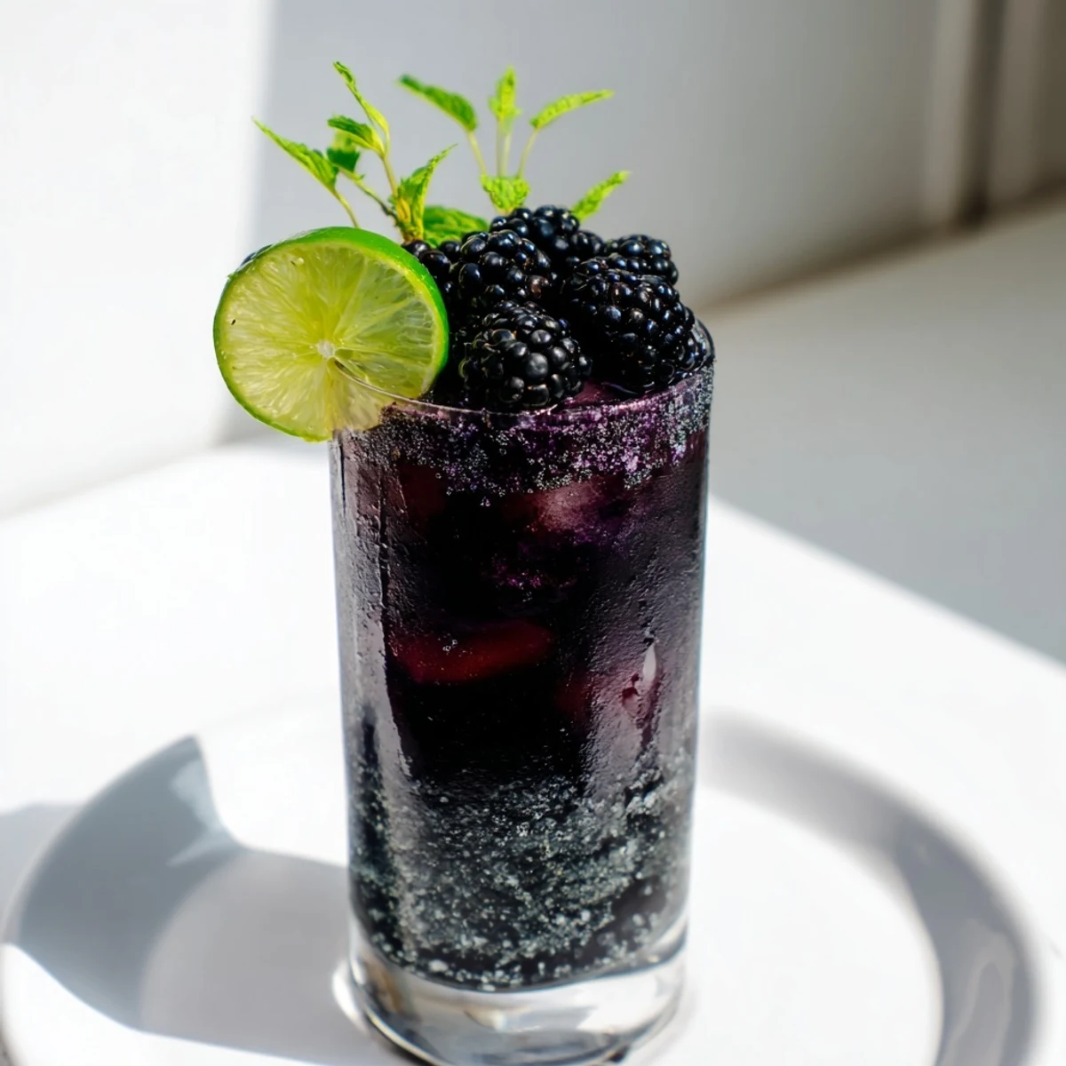 A layered Dark Matter Mocktail showing deep black charcoal against vibrant blackberry syrup, garnished with fresh fruit.