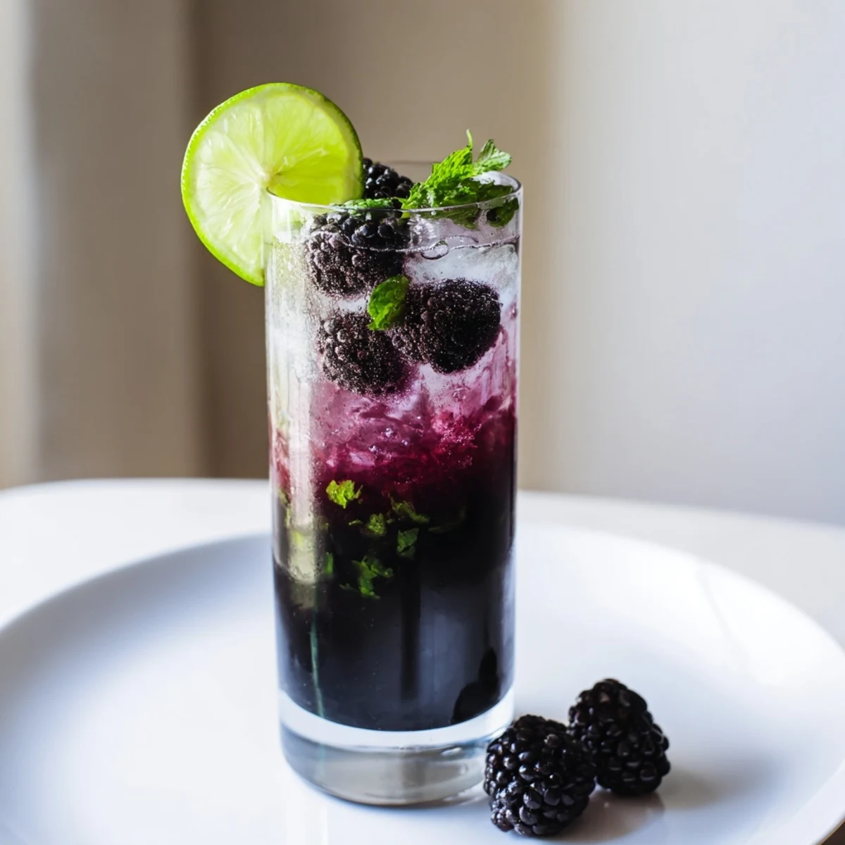 This refreshing Dark Matter Mocktail features a dramatic contrast between the layers of dark charcoal and sweet purple syrup.
