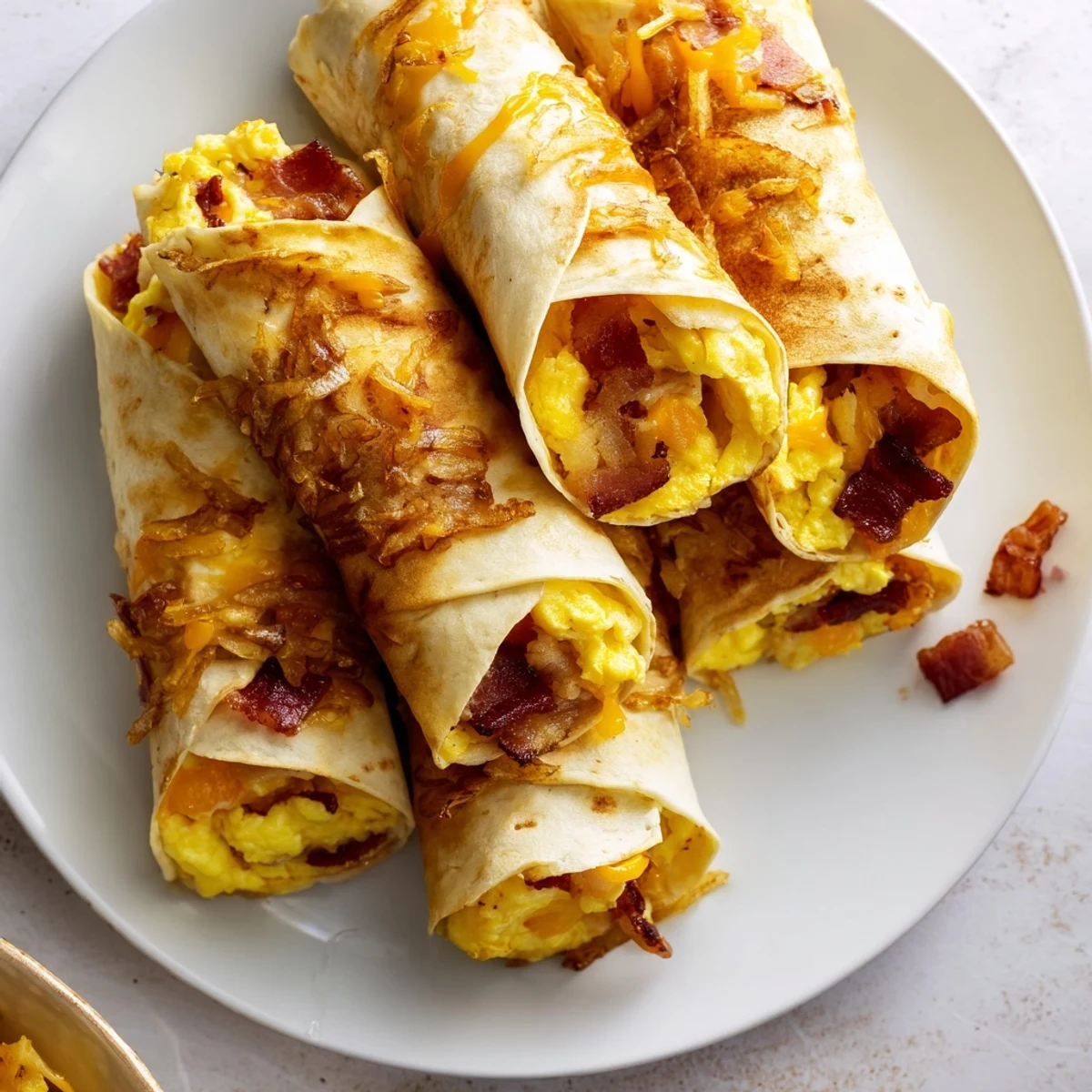 Savory and satisfying B.E.C. Breakfast Bites showing layers of bacon and egg in a soft tortilla.