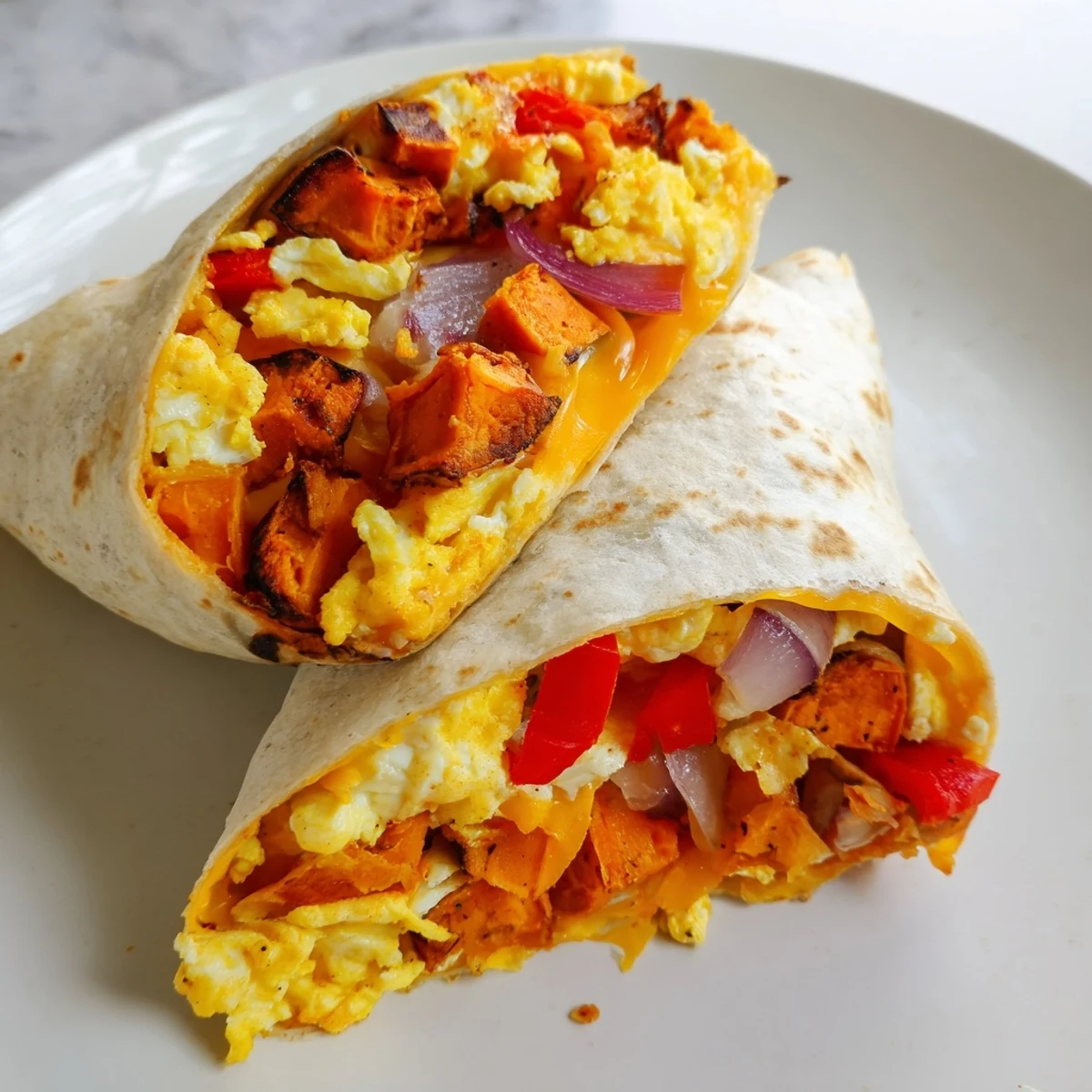 Warm, melty Sweet Potato Breakfast Burritos filled with roasted veggies and fluffy scrambled eggs are ready.