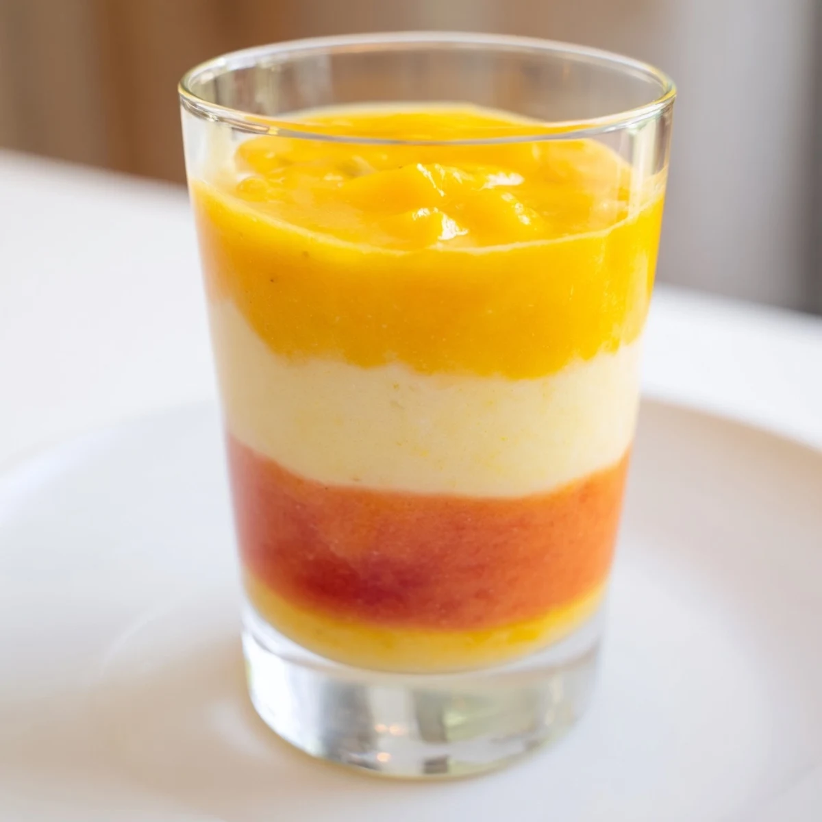 Vibrant Tropical Sunset Smoothie layers: mango, passion fruit, and orange juice, a visually stunning treat.