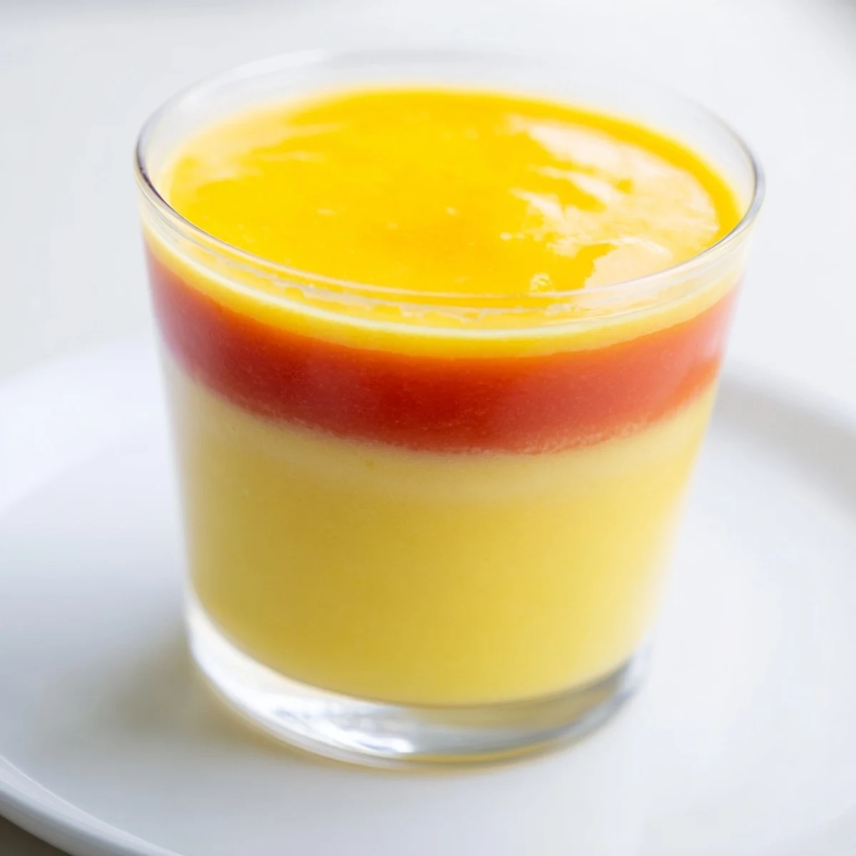 This refreshing, layered Tropical Sunset Smoothie presents a colorful blend, a tasty and healthy beverage.