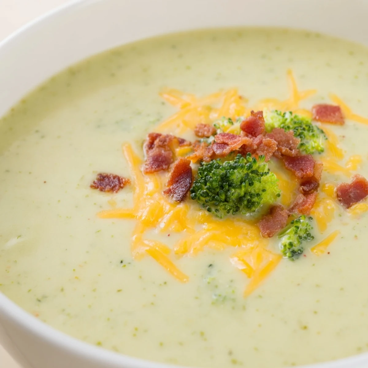 A warm bowl of Broccoli Cheddar Soup next to golden, buttered bread, perfect for a cozy supper.