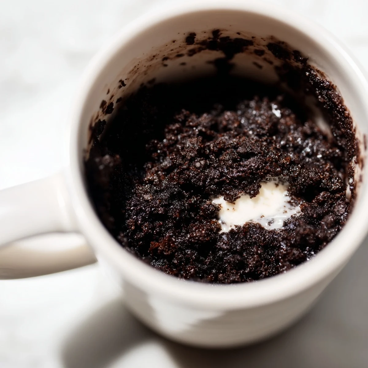 A warm, freshly baked Oreo mug cake, soft and fluffy, ready to be enjoyed straight from the mug.