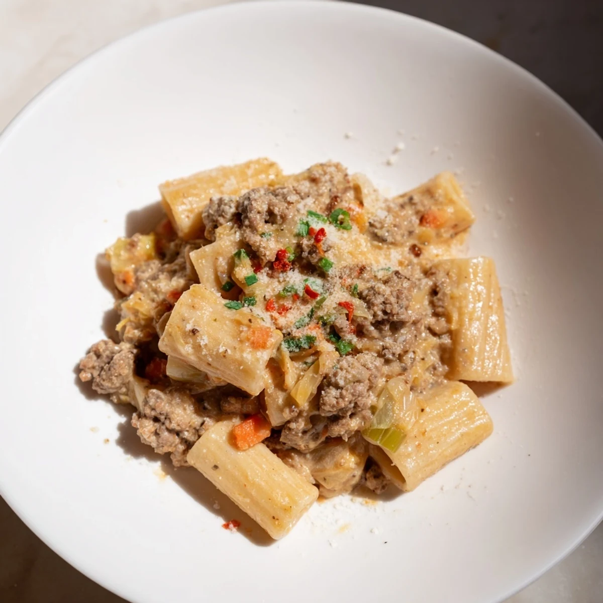 A close-up shot of the savory Chaos Cooking Kimchi Ragu Pasta, ready to savor and enjoy.