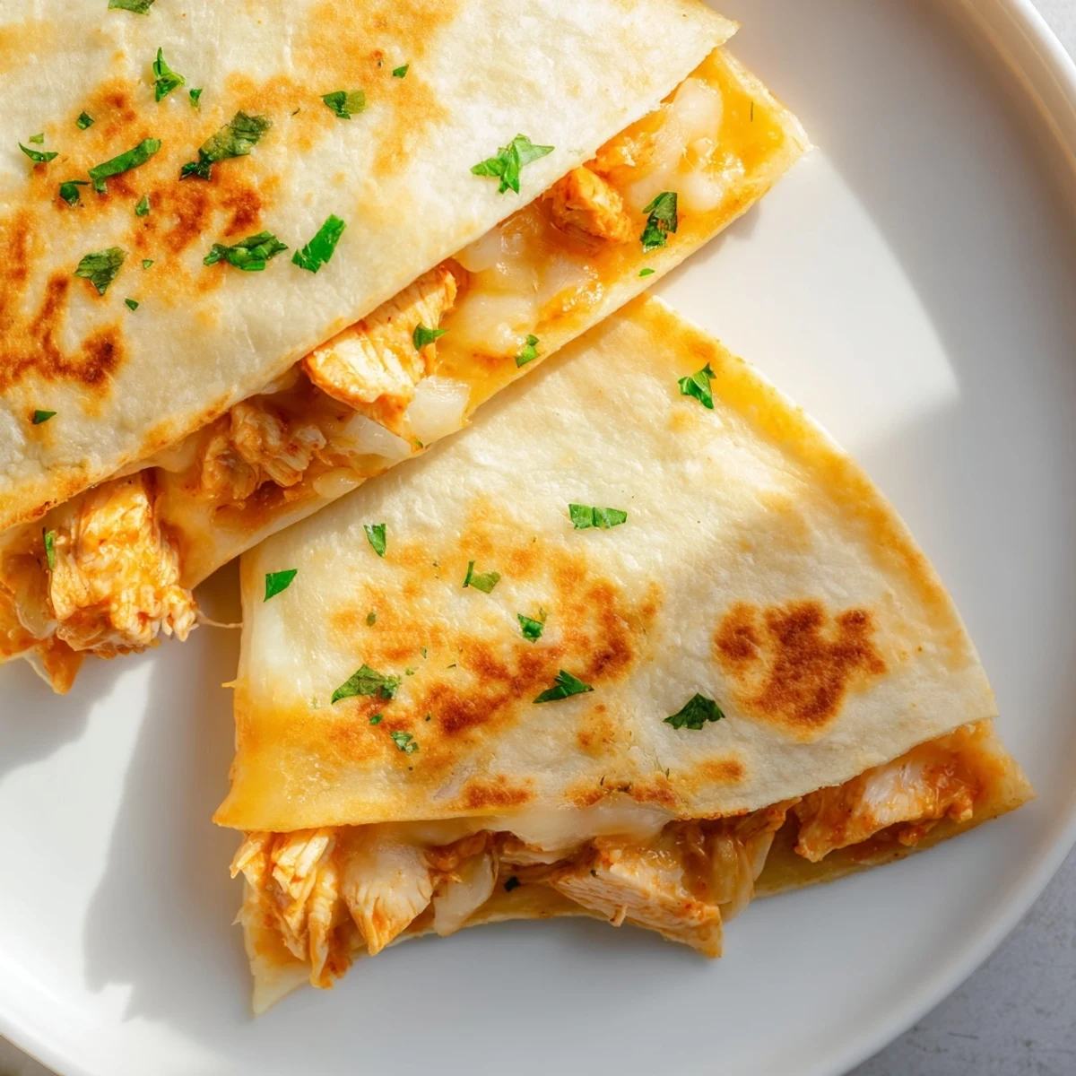 Crispy flour tortillas embracing a filling of richly spiced butter chicken; these quesadillas are irresistible.