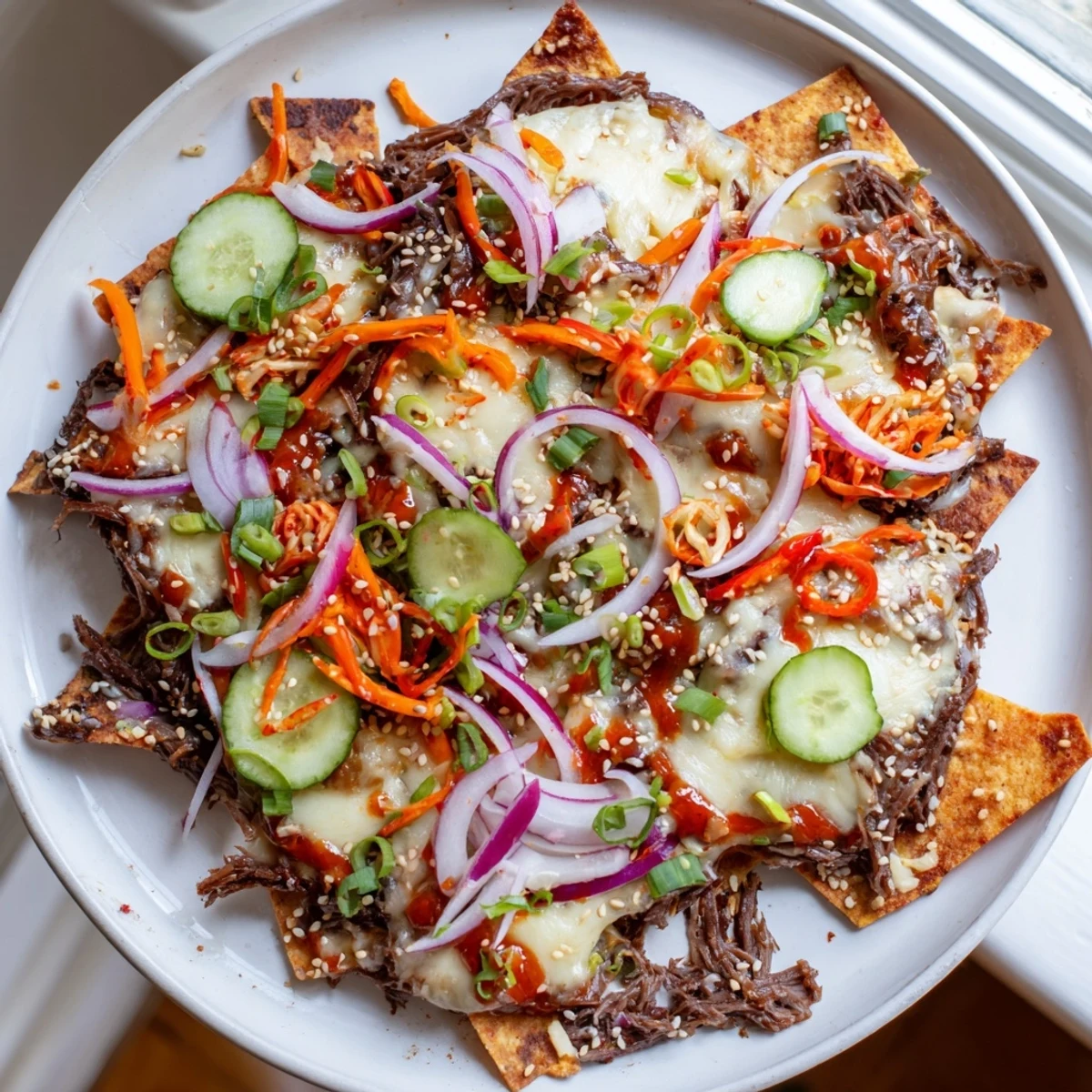 Golden, bubbly Korean BBQ nachos topped with fresh vegetables and flavorful gochujang-marinated beef.