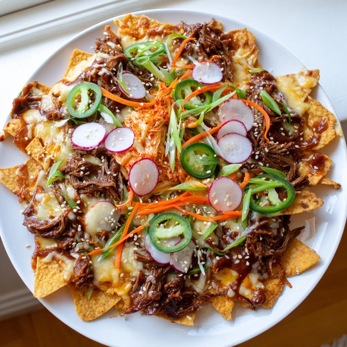 Cheesy, sizzling Korean BBQ nachos, a vibrant mix of flavors and textures, ready to enjoy.