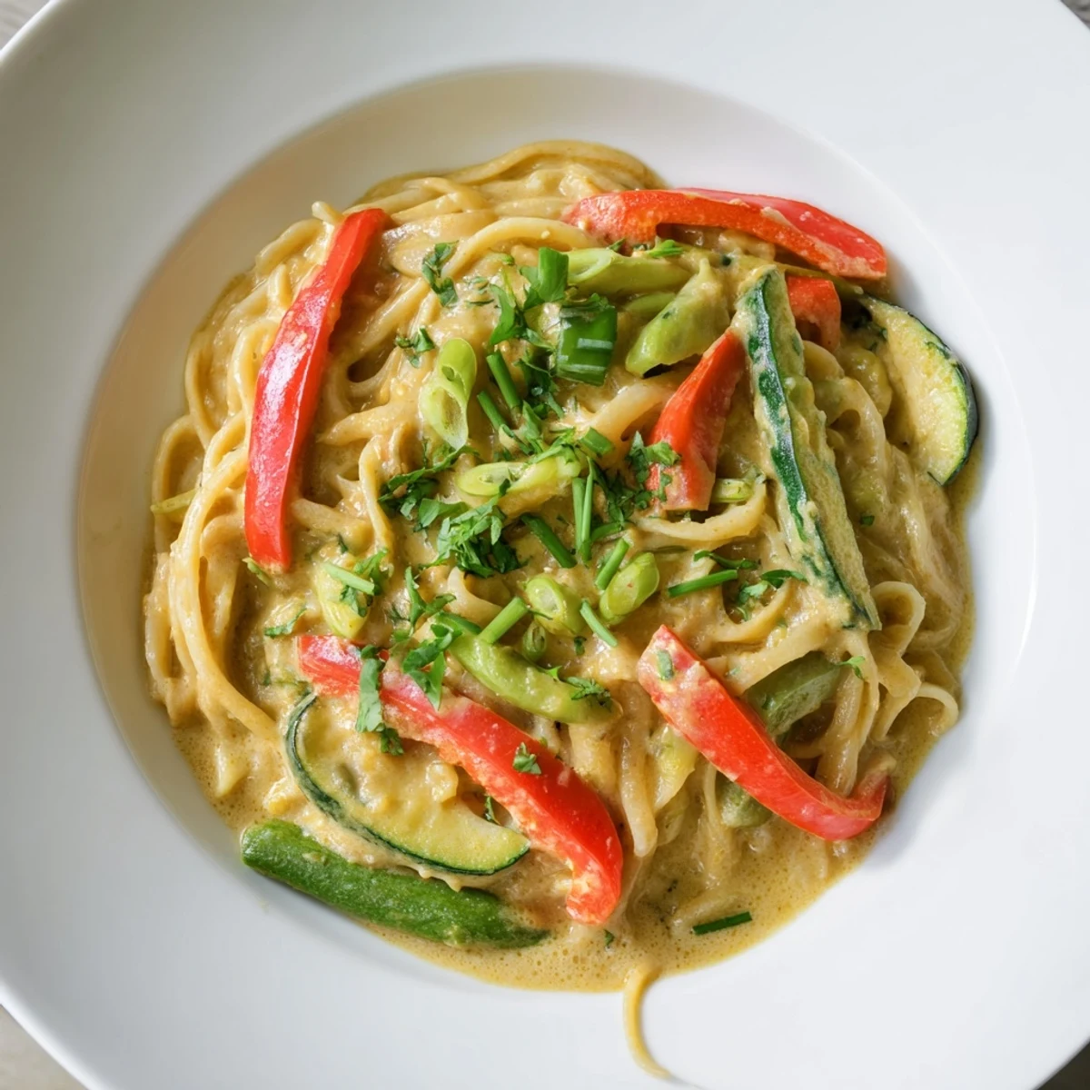 A steaming bowl of Thai Curry Pasta, with fresh cilantro and a rich, coconut-infused curry.