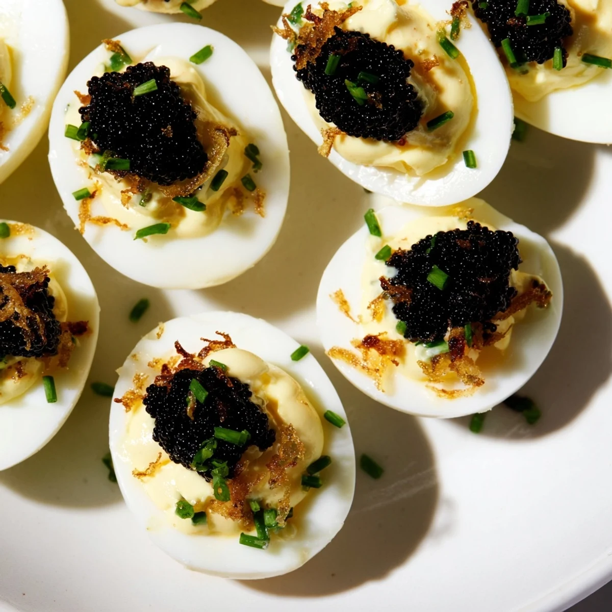 Luxurious deviled eggs with caviar and crispy shallots, a gourmet appetizer ready to eat.