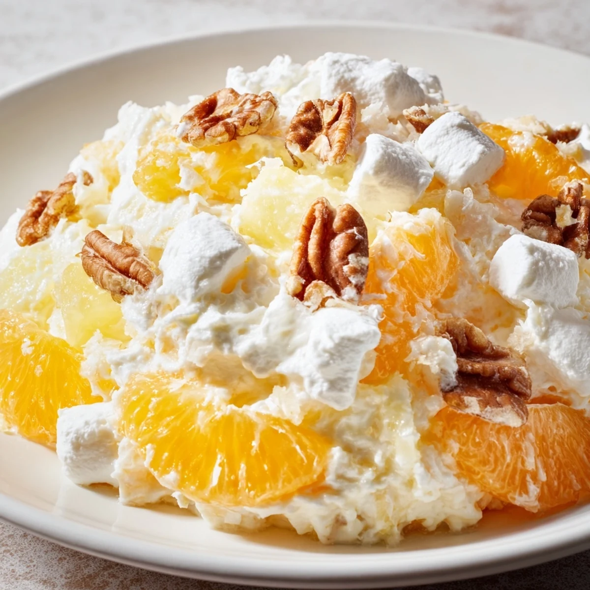 A creamy view of Elevated Ambrosia Salad, showcasing mandarin oranges and toasted pecans perfectly.