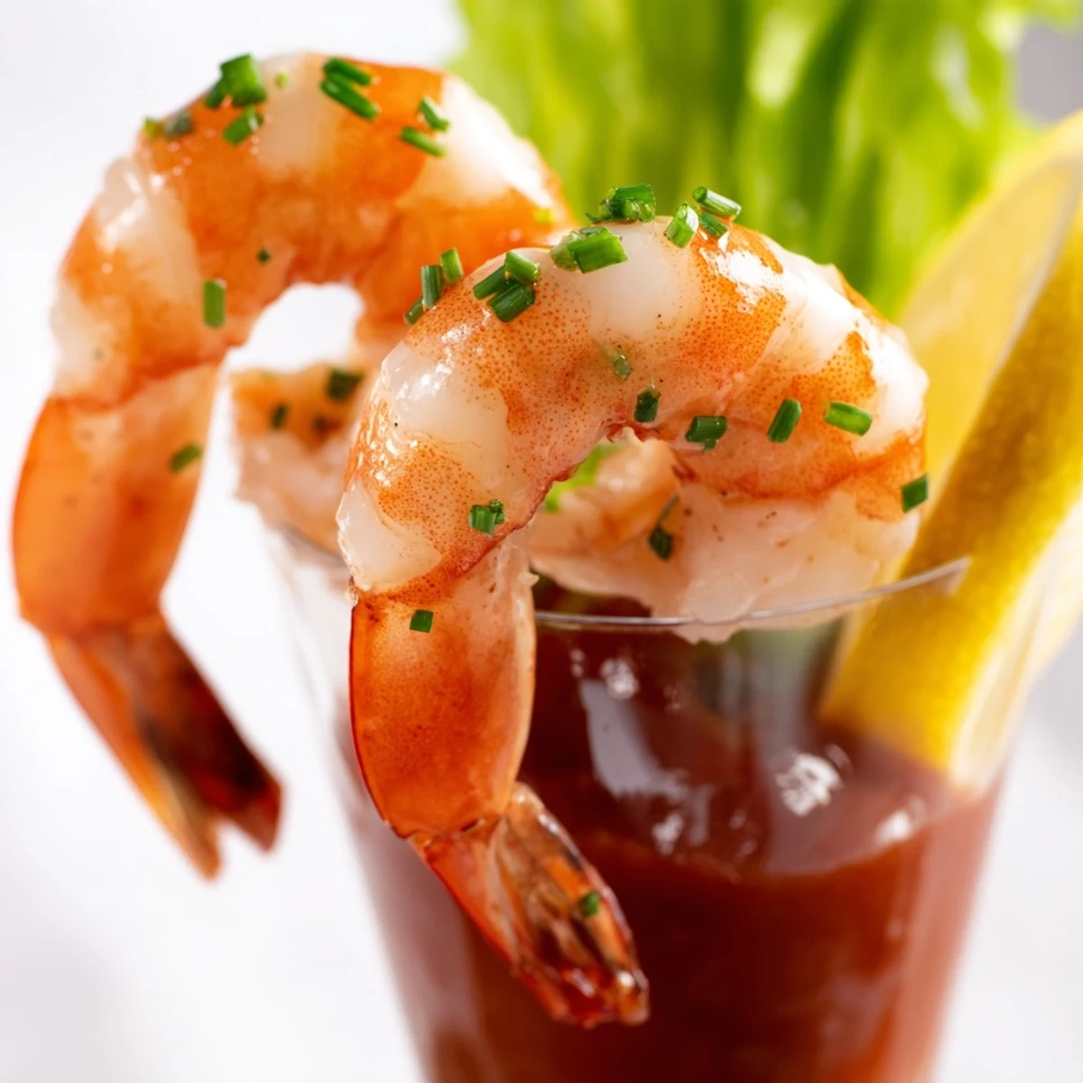 Vibrant retro prawn cocktail shooters, succulent shrimp in tangy sauce with fresh chives and lemon.