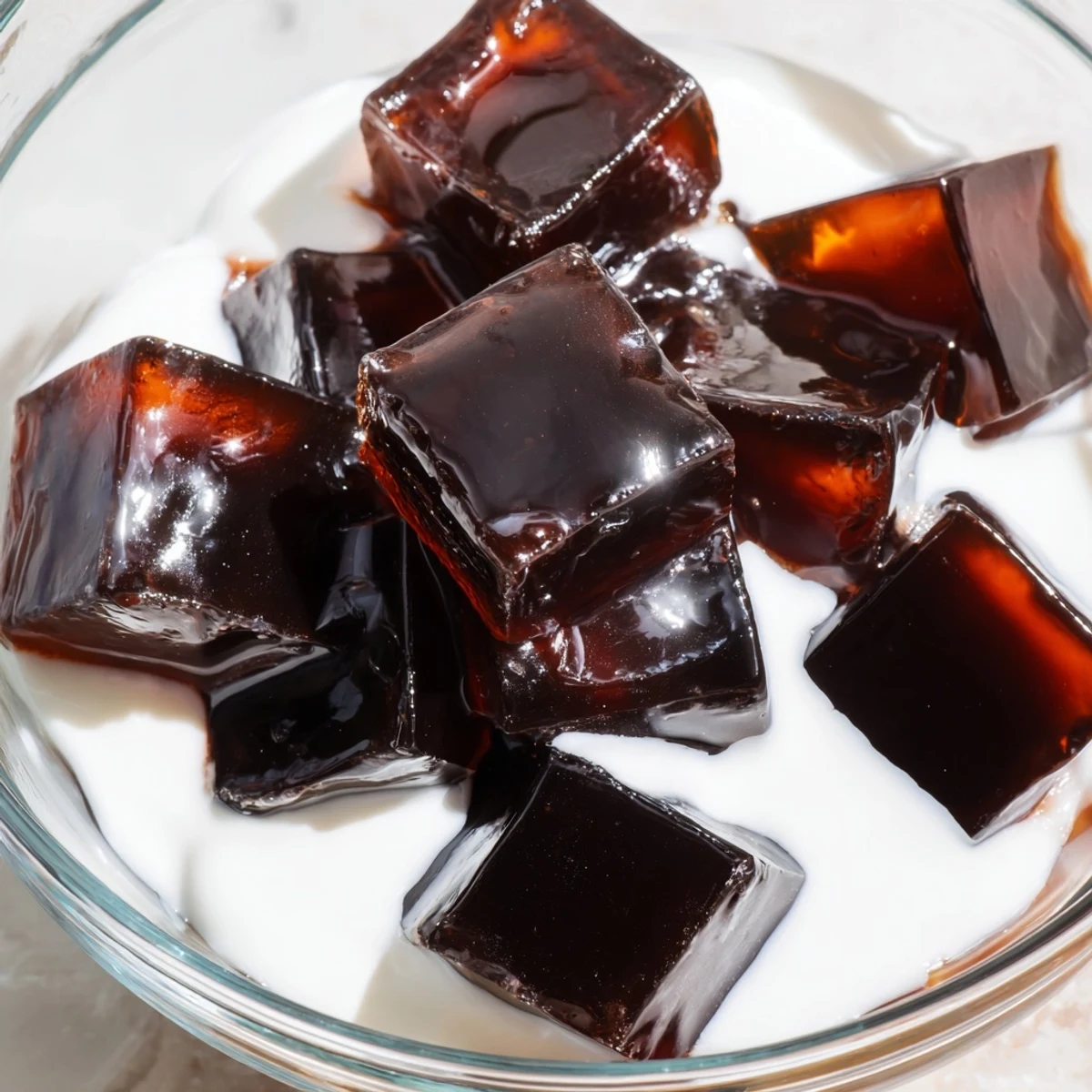 Glistening coffee jelly cubes suspended in sweetened cream, ready to serve chilled in small glasses.  