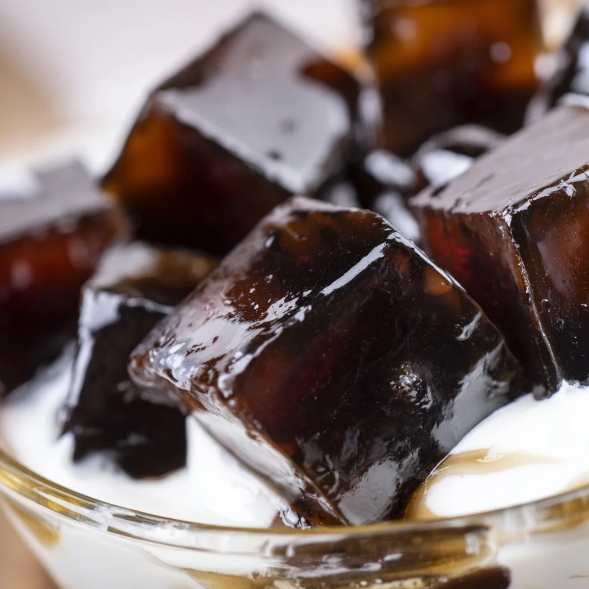 An overhead view of cut coffee jelly cubes gently resting in a bowl of vanilla cream.  