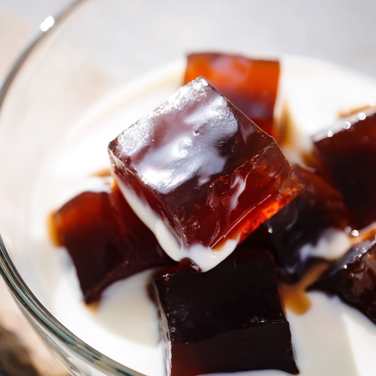 Soft coffee jelly squares with a spoon dipping into creamy sweet topping, close up on a marble surface.