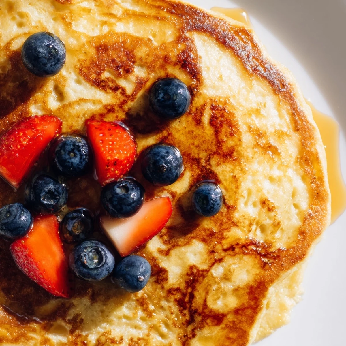 Golden-brown brown banana pancakes stacked on a plate, topped with fresh berries and a drizzle of maple syrup for a healthy breakfast.
