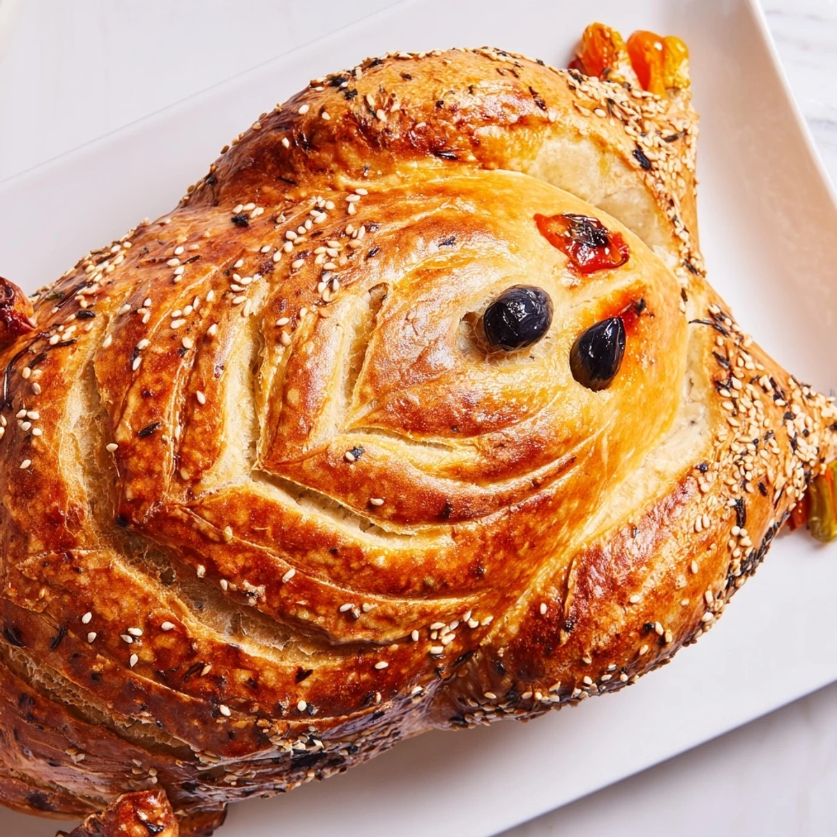 A rustic turkey-shaped sourdough bread loaf with golden crust, feathery scoring, and olive eyes, displayed on a wooden board for a festive holiday table.