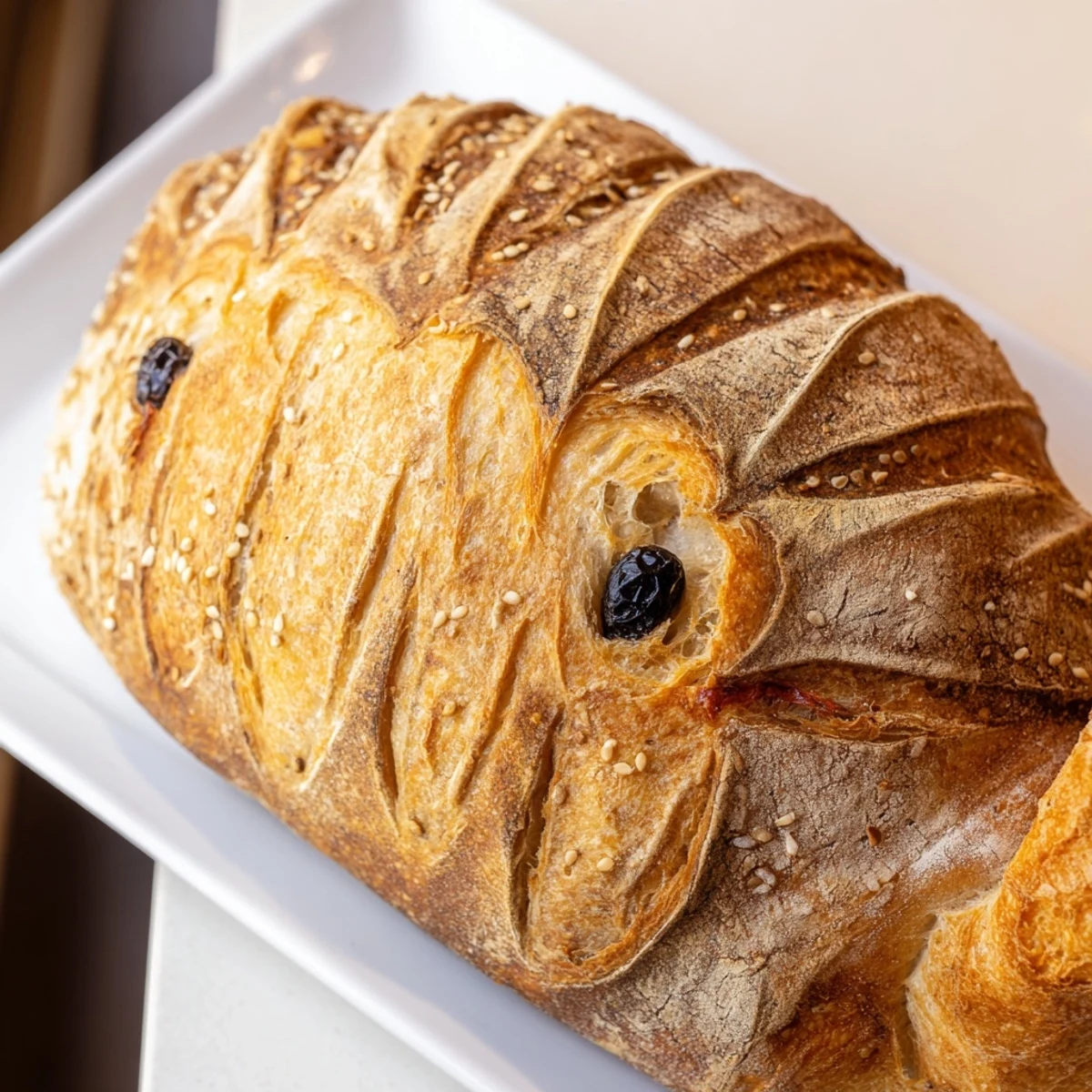 Freshly baked sourdough turkey bread with a tangy crumb and crisp crust, ready to serve with butter and herbal spread for Thanksgiving dinner.
