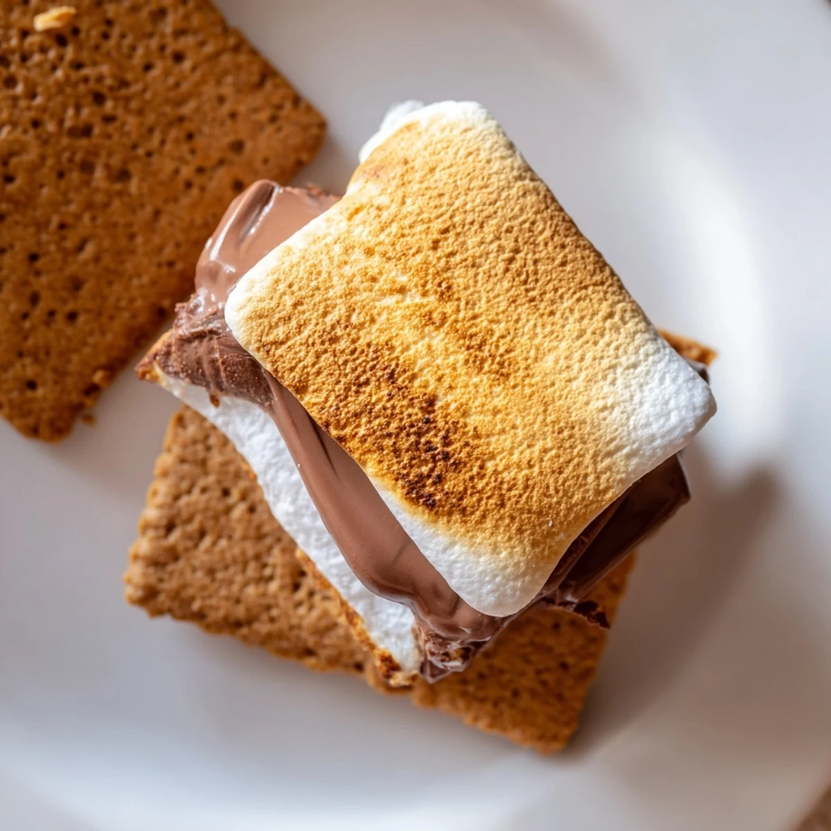 Air Fryer S'mores on a plate with graham crackers, melted chocolate, and toasted mallows.