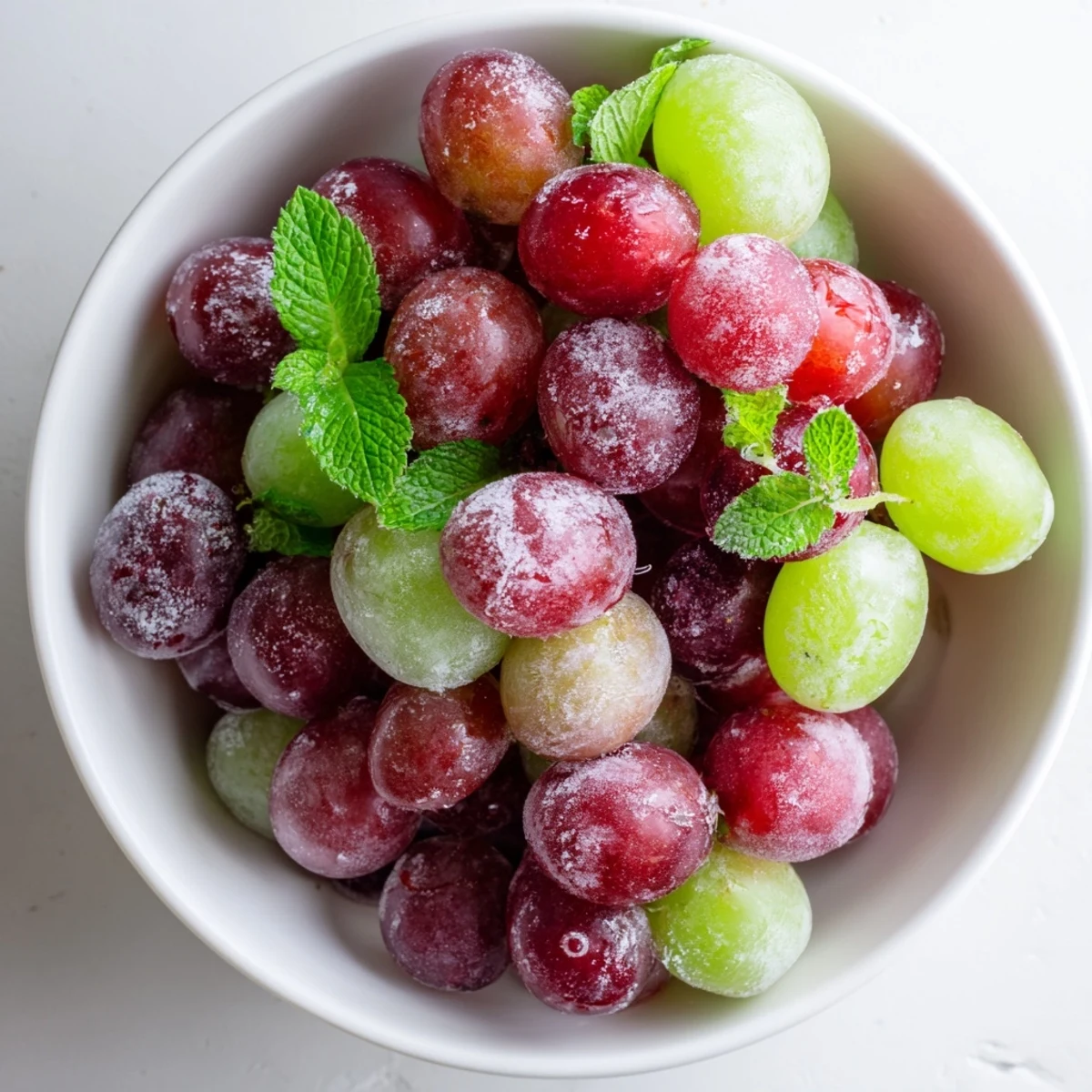Frozen grapes spa treat served in a chilled glass bowl, glistening with frost and topped with fresh mint leaves.