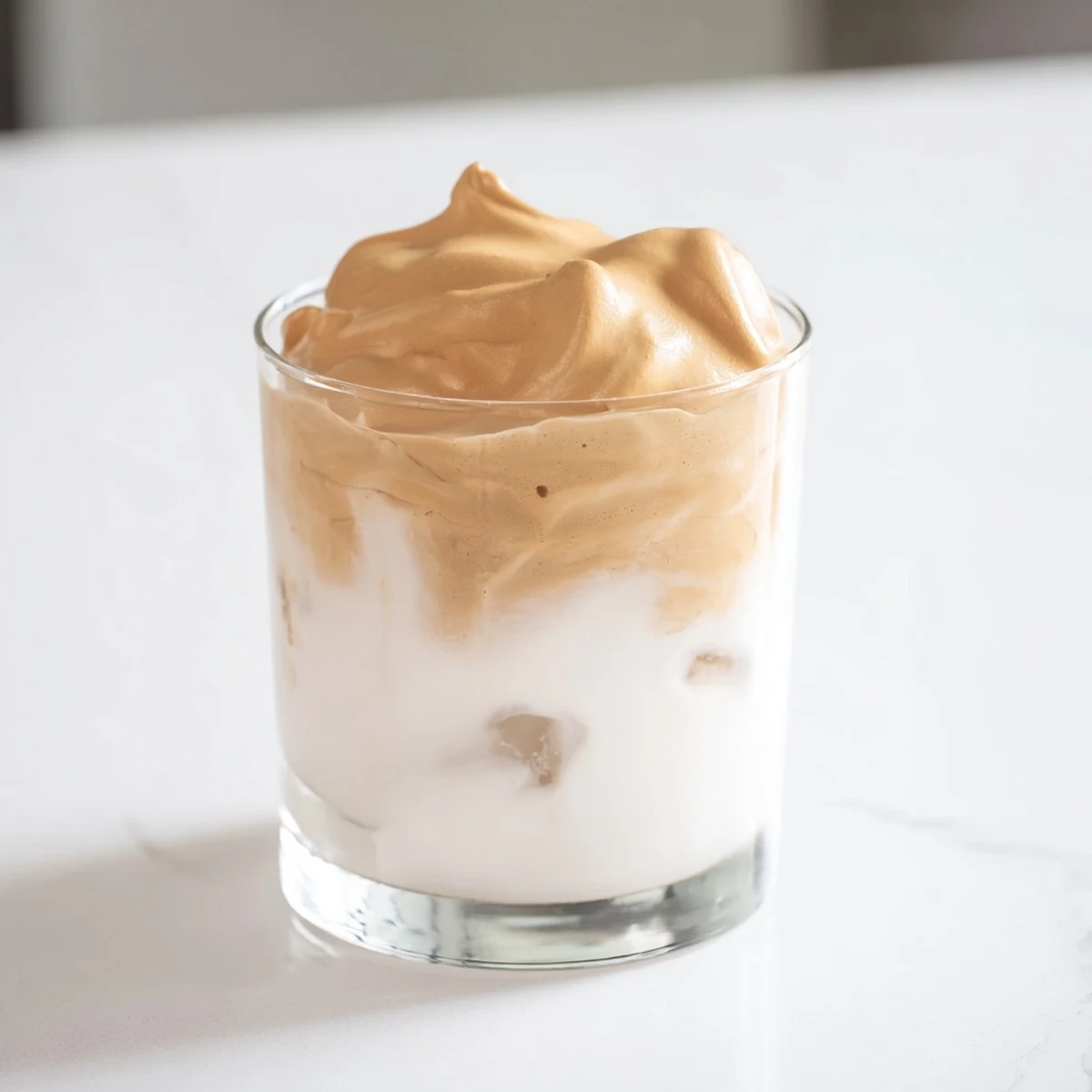 A creamy cloud of whipped dalgona coffee crowns iced milk in a clear glass, perfect for a quick homemade coffee break.  