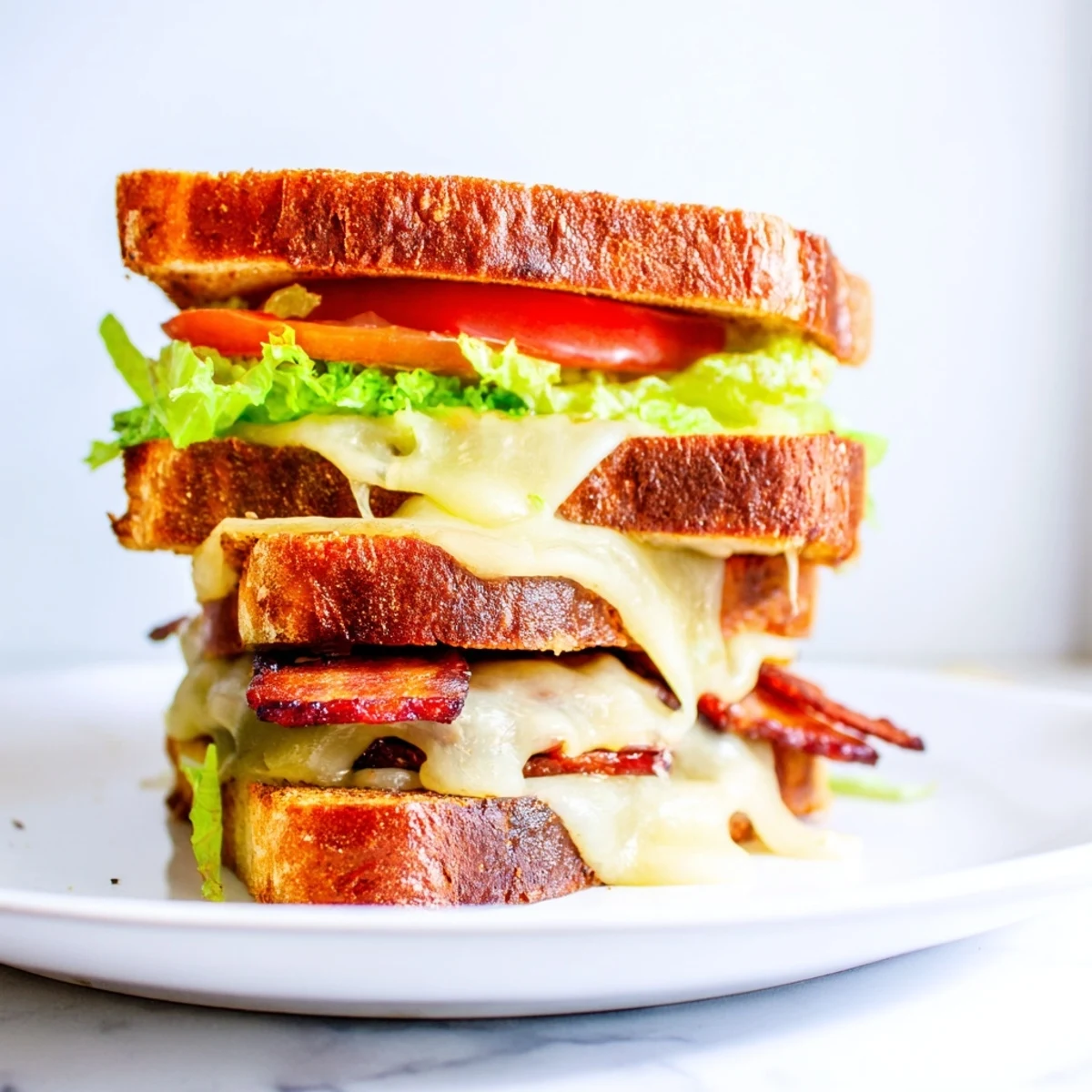 Golden-brown sourdough slices reveal melted vegan cheese, smoky tempeh bacon, and fresh lettuce and tomato.  