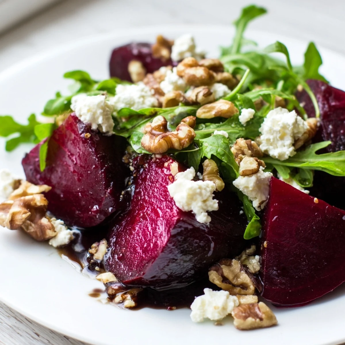 Vibrant roasted beet goat cheese salad with glistening beet wedges, creamy cheese crumbles, and toasted walnuts beside a small dressing pitcher.
