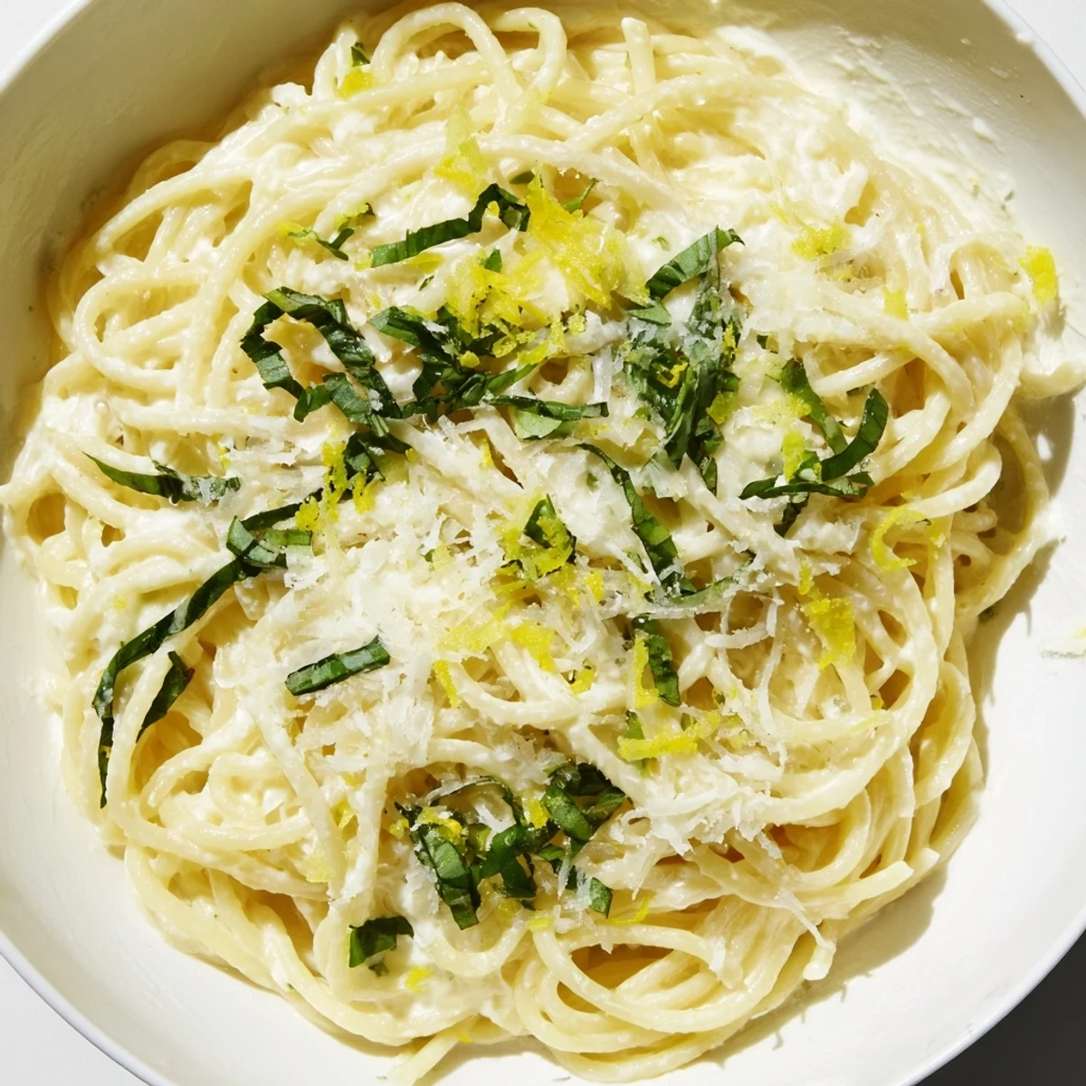 A close-up of lemon ricotta pasta with ricotta sauce clinging to each spaghetti strand, fresh herbs, and a lemon wedge.