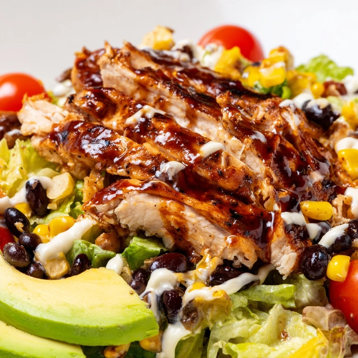 In this vibrant BBQ Chicken Salad, juicy sliced chicken is piled high over crisp romaine and topped with charred corn, black beans, and a cool ranch drizzle.