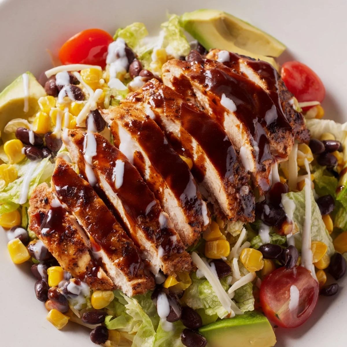 A colorful, hearty BBQ Chicken Salad in a large bowl showcases grilled corn, black beans, tomatoes, and creamy avocado alongside smoky BBQ chicken slices.