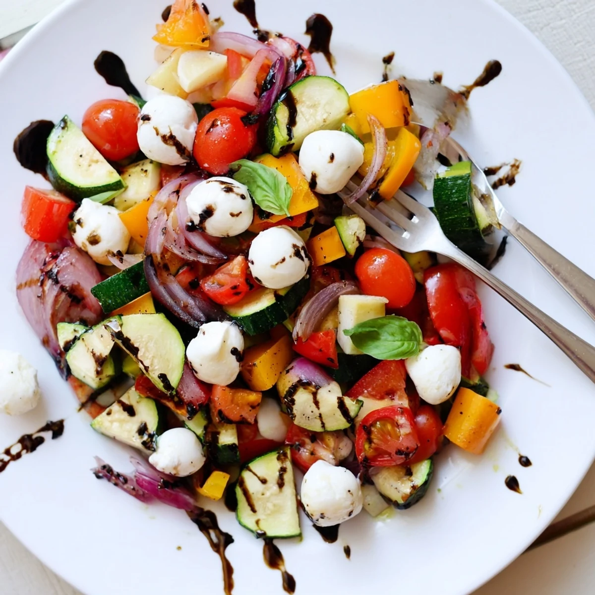 A colorful platter of caramelized roasted vegetables, mozzarella pearls, and fresh basil showcases this hearty Roasted Veggie Caprese Salad as a perfect warm side.  
