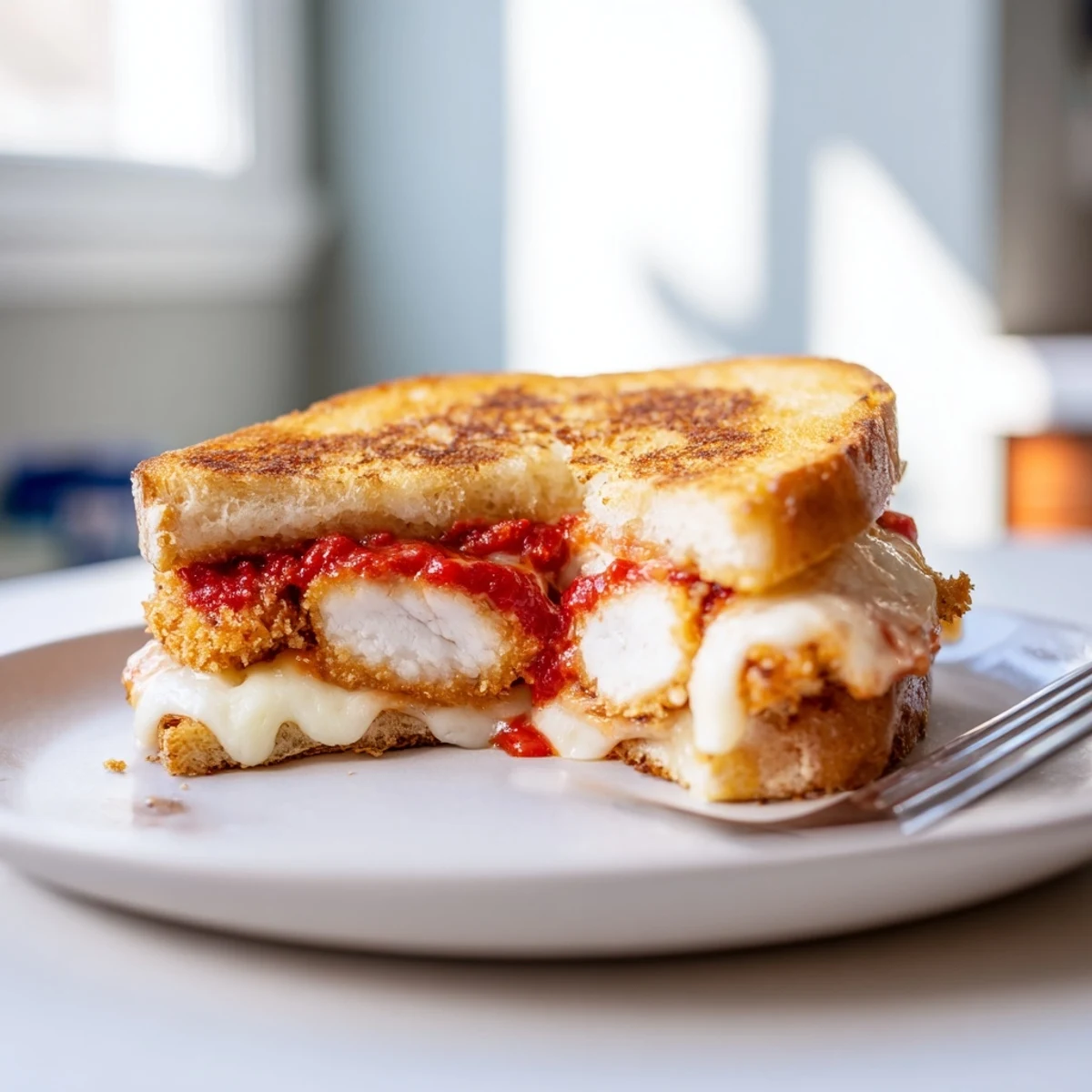 Crispy chicken parmesan grilled cheese sandwich with melted mozzarella and zesty marinara on golden, garlicky bread.