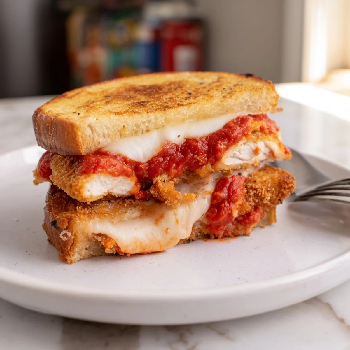Golden-brown chicken Parm grilled cheese, sliced to reveal tender chicken and melted mozzarella, served with a side of marinara.