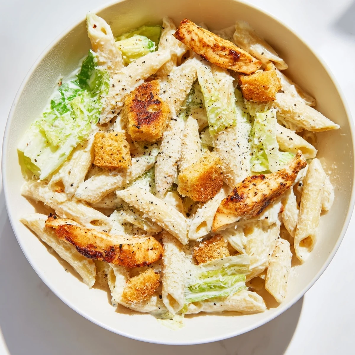 Tossing a Caesar Pasta Chicken Bowl with fresh romaine, Parmesan, and warm grilled chicken strips for a satisfying meal.