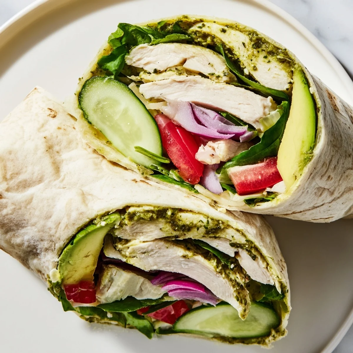 A vibrant Chimichurri Chicken Salad Wrap with grilled chicken, fresh greens, and zesty herbs in a soft tortilla.