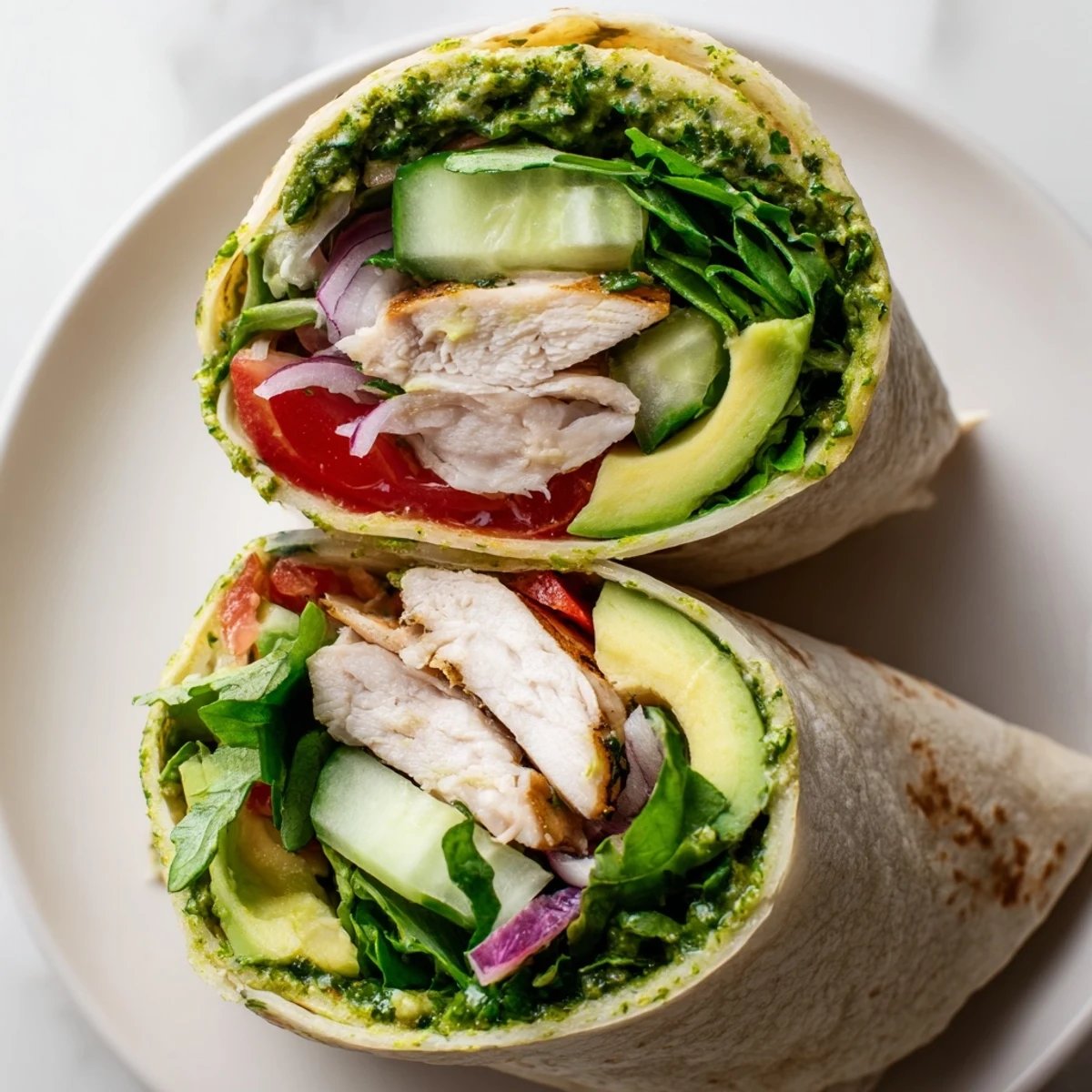 Close-up of a sliced Chimichurri Chicken Salad Wrap showing layers of juicy chicken, crisp cucumber, and tomato.