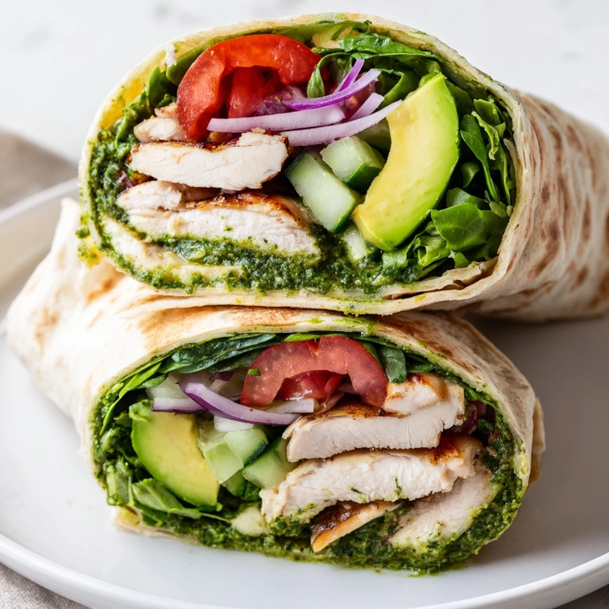 Freshly assembled Chimichurri Chicken Salad Wrap on a wooden board, drizzled with green herb sauce for a zesty meal.