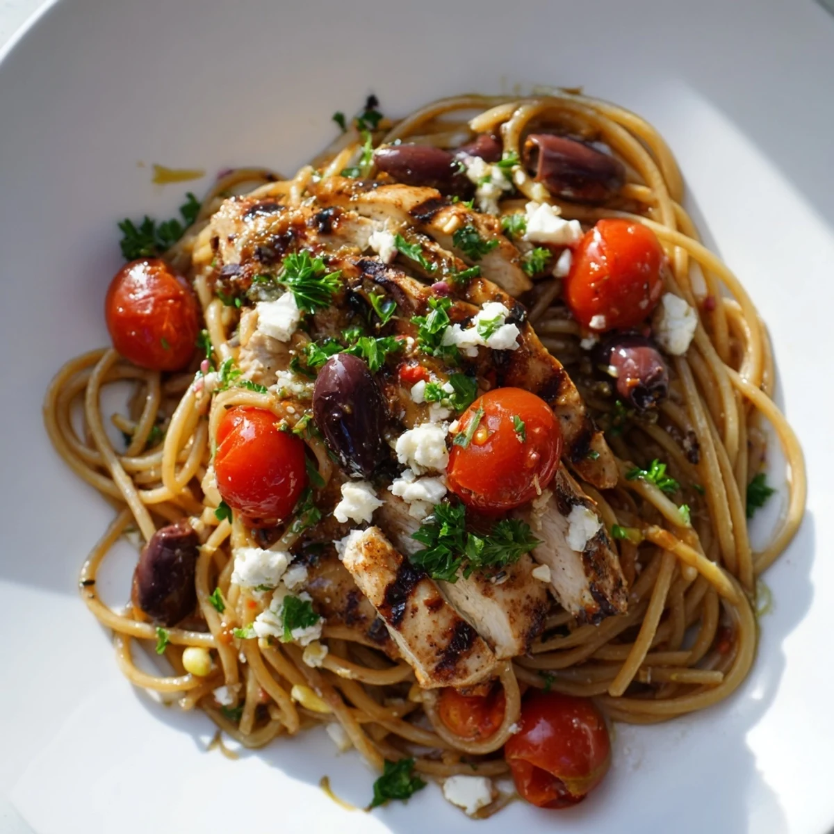 Serving suggestion for Greek Chicken Spaghetti: a warm bowl garnished with extra olives and feta, ready to enjoy with a crisp glass of white wine.