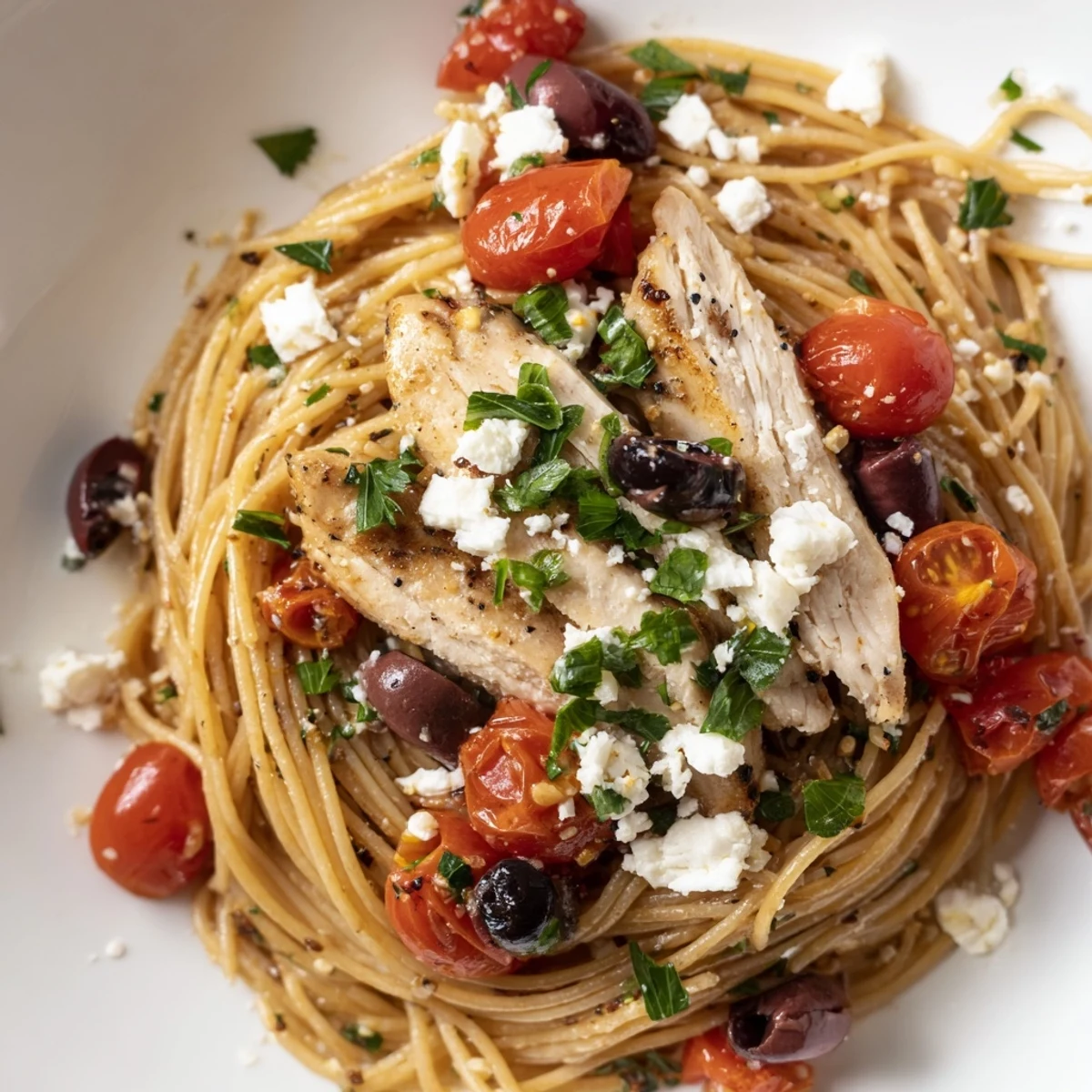 A close-up view of the Greek Chicken Spaghetti reveals juicy chicken, fresh parsley, and creamy feta cheese coating every strand of al dente pasta in the skillet.