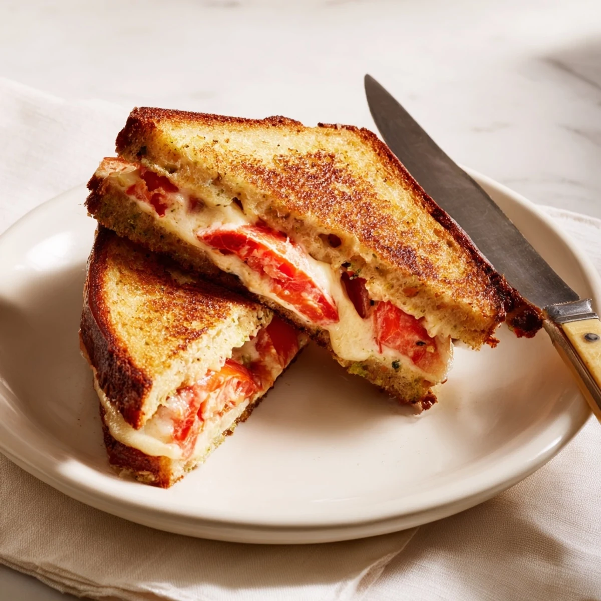 Golden, melty Pepper Jack & Tomato Grilled Cheese sandwich on jalapeño bread with ripe tomato slices, served with a crisp side salad.  