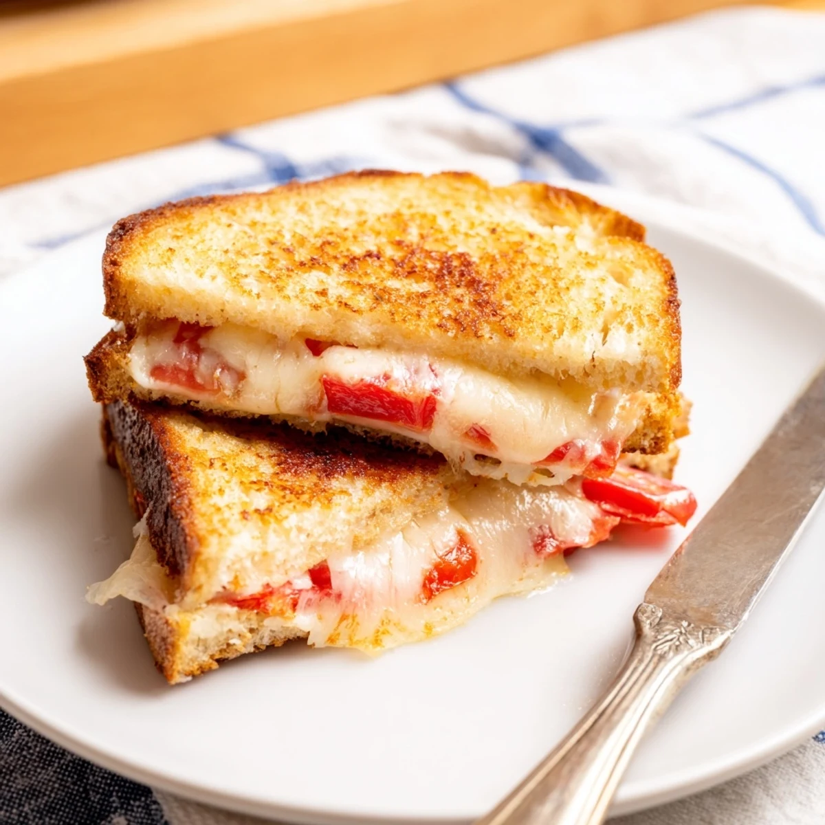 Buttery, crispy Pepper Jack & Tomato Grilled Cheese stacked high with melted cheese and fresh tomatoes, paired with a steaming bowl of tomato soup.  