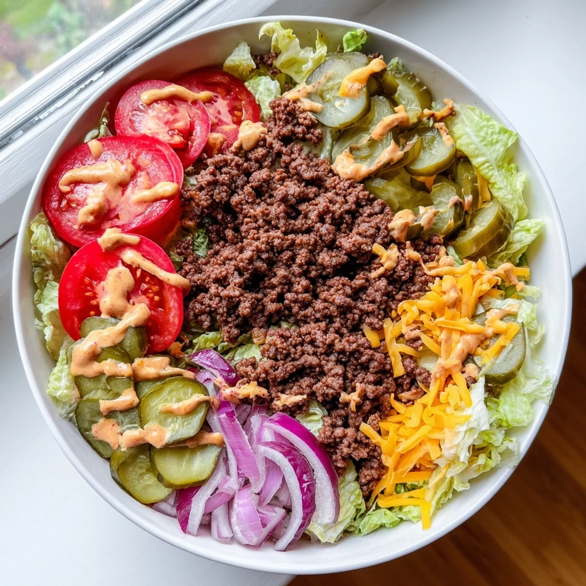 A vibrant bowl of Easy Big Mac in a Bowl features seasoned ground beef, crisp romaine, and shredded cheddar with a drizzle of tangy special sauce.