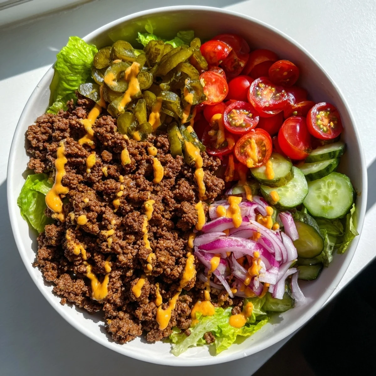 Easy Big Mac in a Bowl served in individual bowls, a gluten-free, low-carb meal topped with a homemade signature sauce for a quick, satisfying dinner.