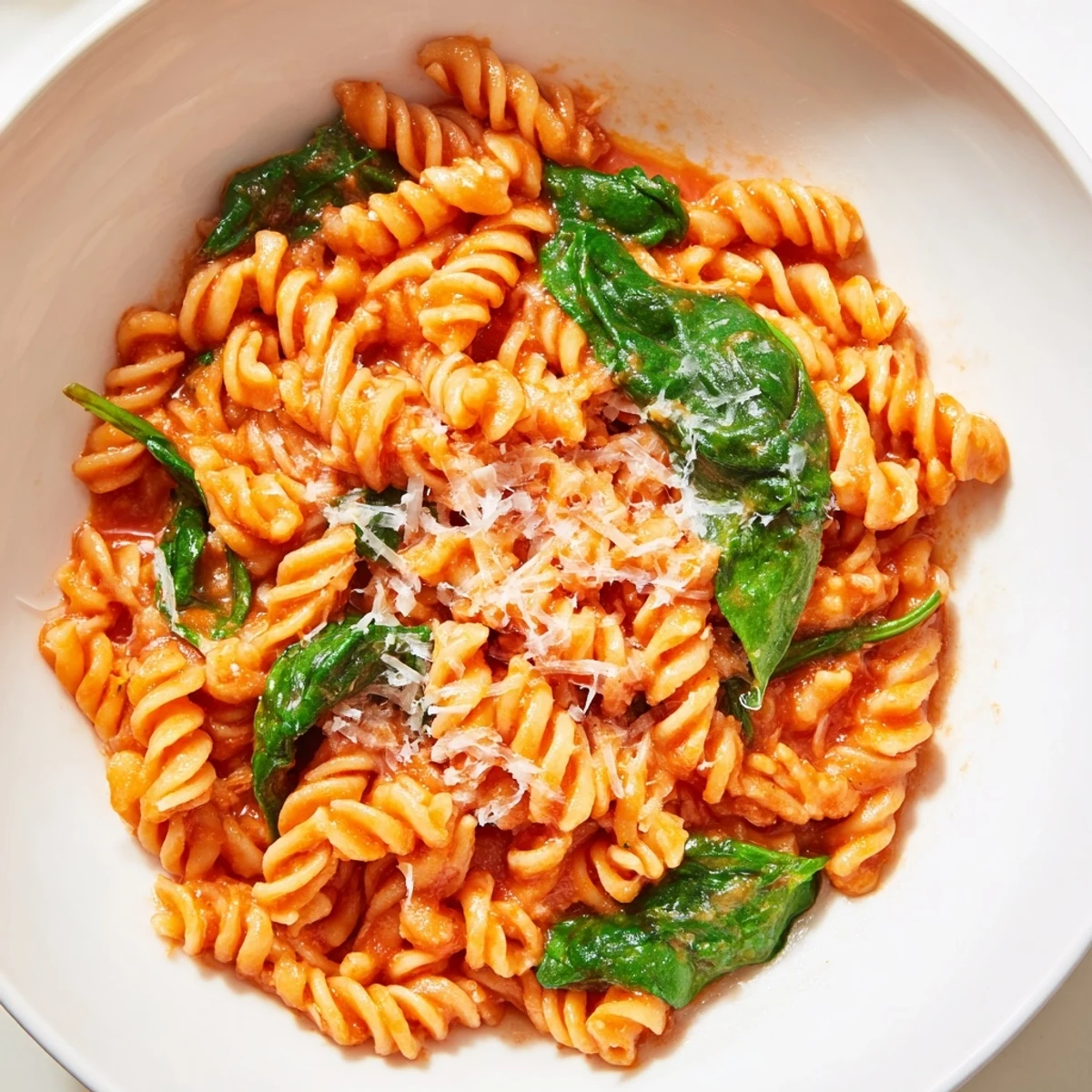 A steaming one-pot rotini with spinach and tomatoes, served in a rustic white bowl with a fork.  
