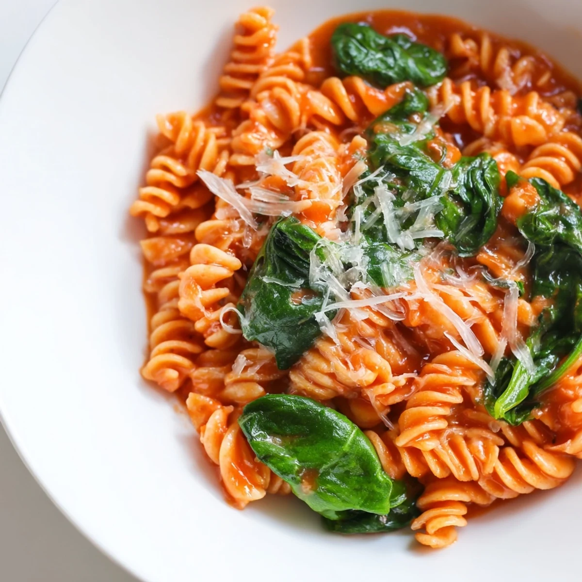 Tomato Spinach One-Pot Rotini piled high, fresh spinach wilted into al dente rotini with juicy tomato bits.  